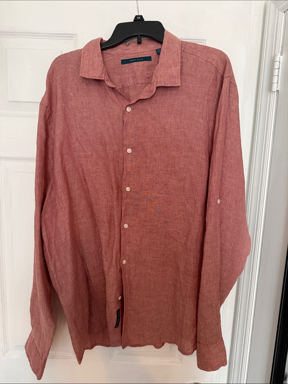 Perry Ellis Men's Long-Sleeve Button-Down Linen Shirt in Dusty Rose